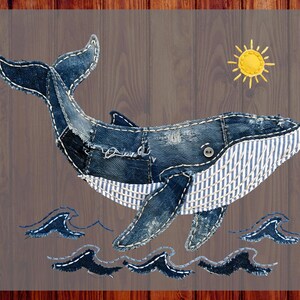 May include: A denim whale design with white stitching, a striped belly, and a yellow sun. The image includes ocean waves and the text "READY TO PRESS" and "CUSTOM DTF".
