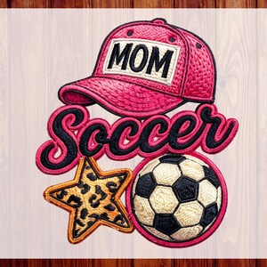 Soccer Mom Patch DTF Heat Transfer – Pink Hat Leopard Star Ready to Press – Sports Mom Graphic for Game Day Shirt