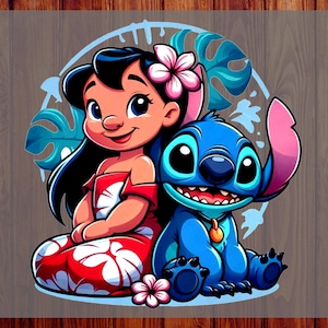 May include: A colorful graphic featuring Lilo and Stitch from the Disney movie. Lilo is wearing a red dress with white floral patterns and a pink flower in her hair. Stitch is blue with large eyes and a friendly expression. The words "CUSTOM DTF" and "READY TO PRESS" are visible.