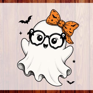 May include: A white ghost illustration featuring black glasses and a large orange bow with a black bat and star pattern. The ghost has a smiling expression and is surrounded by small black bats and stars. The text CUSTOM DTF READY TO PRESS is visible.