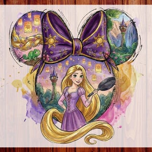 May include: A watercolor-style graphic featuring a purple bow and Mickey Mouse ears with scenes from the movie Tangled. The image includes Rapunzel holding a frying pan, lanterns, and a tower. The text "CUSTOM DTF" and "READY TO PRESS" are visible.