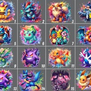 May include: A collection of sixteen colorful watercolor-style illustrations of various Pokémon characters. Each character is set against a vibrant, splattered background, with numbers 1 through 16 in the corners.