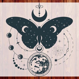 May include: A dark teal butterfly design with celestial elements, including moons, stars, and planets. The design is surrounded by a circular pattern and the text "CUSTOM DTF" and "READY TO PRESS".
