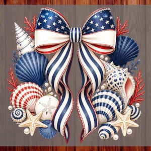 May include: A patriotic design featuring a large bow with an American flag pattern, surrounded by seashells, starfish, and coral. The bow has red, white, and blue stripes and stars. The words "CUSTOM DTF" and "READY TO PRESS" are visible.