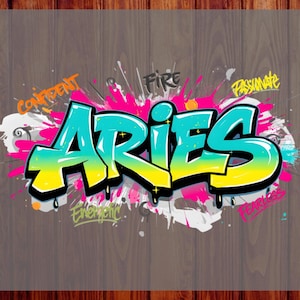 Aries Graffiti DTF Heat Transfer – Zodiac the Word in Vibrant Turquoise‑Yellow Gradient Letters Ready to Press – Astrology Gold Crown Shirt