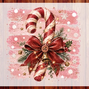 May include: A graphic design featuring a red and white striped candy cane adorned with a large red velvet bow, a central button, and small gold bells. The design includes pine branches, red berries, gold stars, and white snowflakes on a pink background.