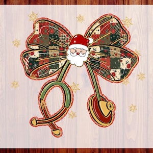May include: A graphic design featuring a large bow with a red, green, and white patchwork pattern, centered with a winking Santa Claus face. Below the bow, a stethoscope is integrated into the design. The text CUSTOM DTF READY TO PRESS is visible.