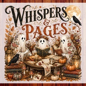 Peut inclure: Un transfert DTF avec le texte Whispers & Pages, trois fantômes lisant des livres autour d'une table, un corbeau noir, des lanternes, des citrouilles et des feuilles d'automne. Le design inclut des piles de livres titrés Autumn Tales, Ghostly Stories et Enchanted Pages.