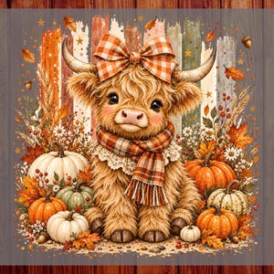 May include: A fluffy Highland cow illustration wearing a plaid bow and scarf, surrounded by pumpkins, autumn leaves, and flowers. The text CUSTOM DTF READY TO PRESS is visible on the sides. The design features warm orange, brown, and cream tones.