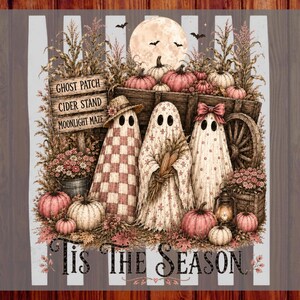 May include: A DTF transfer print featuring three ghosts in front of a wooden wagon, pumpkins, and corn stalks. The text reads GHOST PATCH, CIDER STAND, MOONLIGHT MAZE, and TIS THE SEASON. The design uses a muted pink, cream, and brown colour palette.
