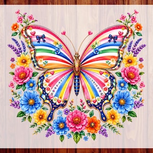 May include: A colorful butterfly graphic with rainbow striped wings, small blue bows, and heart accents, surrounded by a vibrant arrangement of pink, blue, yellow, and orange flowers. The text CUSTOM DTF READY TO PRESS is visible on the sides.