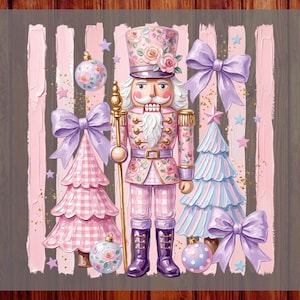 May include: A DTF transfer design featuring a central nutcracker in a pink floral uniform, flanked by two stylized Christmas trees, lavender bows, and floral ornaments. The background consists of vertical pink brushstrokes and small stars.