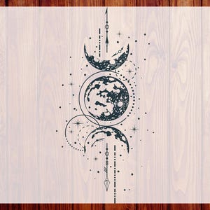 May include: A dark teal celestial design featuring three phases of the moon, stars, and geometric lines. The words "CUSTOM DTF" and "READY TO PRESS" are printed on the sides of the image.