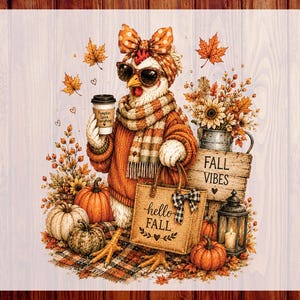 May include: A chicken wearing a polka dot bow, sunglasses, and a striped scarf, holding a coffee cup labeled Pumpkin Spice Everything and a tote bag with the text hello FALL. Surrounded by pumpkins, autumn leaves, and a lantern with FALL VIBES.