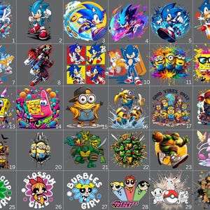 Peut inclure: Une collection de motifs de personnages de dessins animés, dont Sonic le Hérisson, les Minions, Bob l'Éponge et les Super Nanas. Chaque motif est un graphisme coloré, adapté aux vêtements ou accessoires.