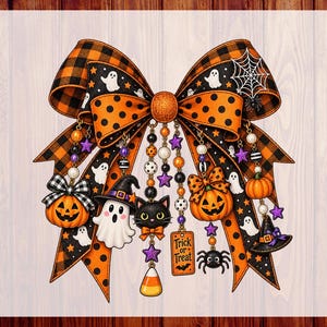 May include: A decorative bow featuring orange and black plaid and polka dot patterns, adorned with hanging charms including a ghost, a black cat, pumpkins, a spider, a witch hat, and a rectangular tag with the text Trick or Treat.