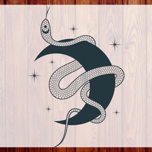 May include: A black and white graphic design featuring a snake coiled around a crescent moon, with star accents. The text "CUSTOM DTF" and "READY TO PRESS" are visible on the sides. This design is suitable for apparel or craft projects.