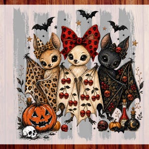May include: A DTF transfer design featuring three cartoon bats with large eyes. The left bat has leopard print wings, the centre bat has a red skull-patterned bow and cherry-patterned wings, and the right bat has black wings with skulls and cherries.
