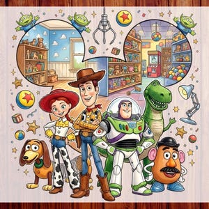 May include: A colorful DTF transfer print featuring Toy Story characters including Woody, Jessie, Buzz Lightyear, Rex, Slinky Dog, and Mr. Potato Head. The design includes two circular scenes of a toy store, a claw machine, and text reading CUSTOM DTF READY TO PRESS.