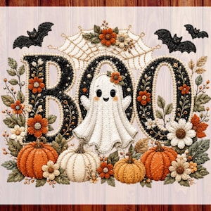 May include: A DTF transfer design featuring the word BOO in black, with a white ghost replacing the letter O. The design includes orange and white pumpkins, autumn leaves, flowers, a spiderweb, and black bats, with the text CUSTOM DTF READY TO PRESS.