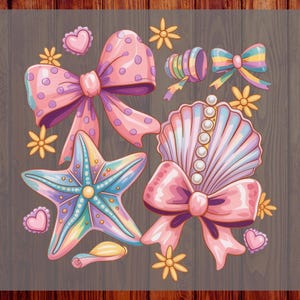 May include: A colorful graphic featuring a starfish, bows, seashells, and hearts. The starfish is blue and turquoise, and the bows are pink with polka dots. The seashell is adorned with pearls. The text "READY TO PRESS" and "CUSTOM DTF" are visible.