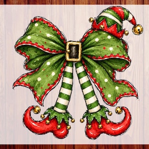 May include: A graphic illustration of a large green bow with white polka dots and red trim, featuring a central gold buckle. Attached are two striped green and white legs ending in red curled elf shoes with gold bells. Text reads CUSTOM DTF.