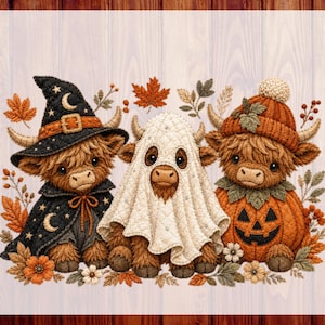 May include: A DTF transfer featuring three fluffy highland cows. The left cow wears a black witch hat and cape with moon and star patterns. The centre cow is draped in a white ghost sheet. The right cow wears a knit hat and pumpkin costume.