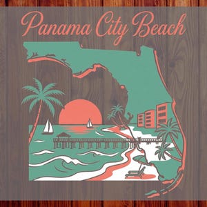 May include: A custom DTF transfer featuring a graphic of the state of Florida in teal and coral. The design includes the text Panama City Beach, a sunset, palm trees, a pier, sailboats, a beach chair, and a multi-story building on the coast.