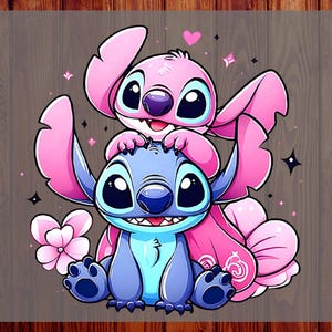 May include: A cartoon illustration of two characters, one blue and one pink, with large eyes and ears. The pink character is on top of the blue character. The image has the text "READY TO PRESS" and "CUSTOM DTF".