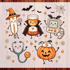 May include: A collection of cartoon medical illustrations featuring a thermometer in a witch hat, a pill bottle in a vampire cape, a blood pressure monitor with bat wings, a smiling stethoscope, and a jack-o'-lantern wearing a nurse cap.