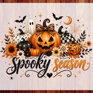 May include: A DTF transfer design featuring a central jack-o'-lantern with a leopard print bow, surrounded by various patterned pumpkins, a ghost, sunflowers, bats, and a spider web. The text reads Spooky season in black and orange script.