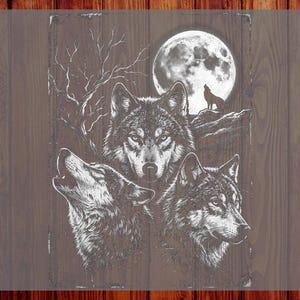 May include: A detailed illustration of three wolves with a full moon in the background. One wolf is howling, while the other two are looking forward. The image has a distressed, vintage look. The text "CUSTOM DTF" and "READY TO PRESS" are visible.