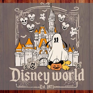 May include: A graphic print featuring a castle, a dog dressed as a ghost holding a jack-o'-lantern, and Mickey-shaped balloons. The design includes spiderwebs, bats, and the text Disney world Est. 1971. The colors are orange, black, and cream.