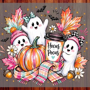May include: A colourful illustration featuring three white ghosts, a large orange pumpkin, and a coffee cup with the text Hocus Pocus. The scene includes autumn maple leaves, acorns, daisies, bats, and a plaid scarf, with the text CUSTOM DTF READY TO PRESS.