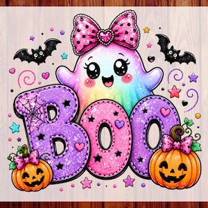 Ghost Boo Pumpkin DTF Heat Transfer – Coquette rainbow sparkle bats candy stars pastel layout Ready to Press – Halloween Shirt