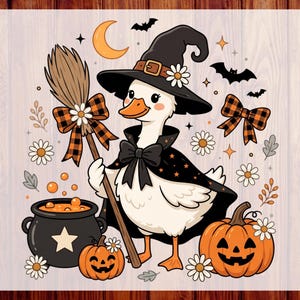May include: A white duck wearing a black witch hat with a daisy and a black cape with a bow, holding a broom with an orange and black plaid bow. Includes a black cauldron with orange liquid, two jack-o'-lanterns, bats, and daisies.