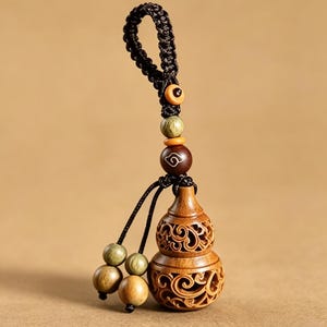 May include: A carved wooden gourd pendant featuring intricate openwork scroll patterns. The ornament is suspended from a black braided cord adorned with a dark brown bead displaying a white swirl symbol, two light green beads, and two wooden spheres.