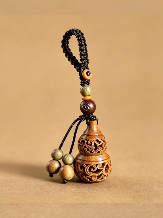 Hand Carved Wooden Gourd Keychain | 3.5cm Feng Shui Good Luck Charm | Chinese Style Key & Bag Accessory Gift for Her/Him