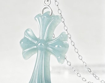 NaturalIceBlueJadeite(Jade)CrossNecklace,DaintyGenuineJadePendant,Silver-PlatedChain,ChristianReligiousJewelry,BaptismConfirmationGiftforHer
