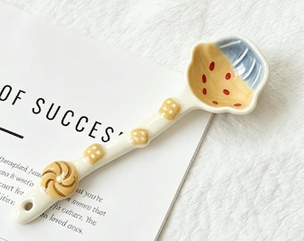 Colheres de cerâmica pintadas à mão com tema de pão | Colheres de cerâmica artesanais e charmosas para café, chá e sobremesa | 16 cm - Presente perfeito para confeiteiros