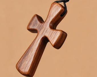Olive Wood Cross Necklace | Handmade Simple Christian Pendant with Adjustable Cord, Holy Land Inspired