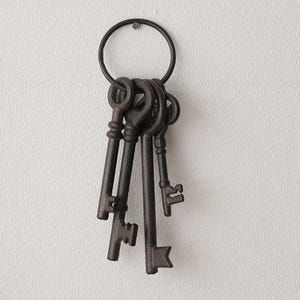 Può includere: Un set di chiavi in stile antico su un anello di metallo. Le chiavi sono marrone scuro e presentano disegni intricati. L'anello è fissato al muro con una piccola vite. Le chiavi sono probabilmente per scopi decorativi.