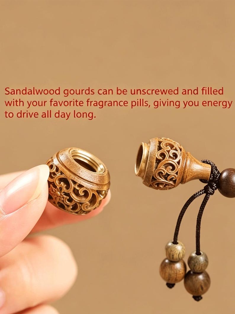 May include: A carved sandalwood gourd pendant that unscrews into two pieces. The text reads: Sandalwood gourds can be unscrewed and filled with your favorite fragrance pills, giving you energy to drive all day long. It features intricate openwork.