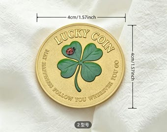 Gold Tone Four Leaf Clover Lucky Coin | 4cm Ladybug Pocket Lucky Token | St. Patrick's Day Good Luck Gift for Her Him