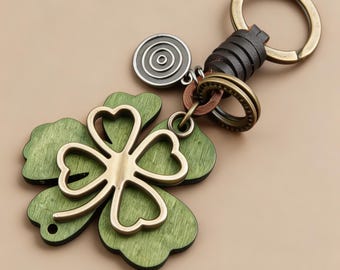 Vintage Four Leaf Clover Keychain Leather Metal Lucky Charm Boho Gift for Him Her