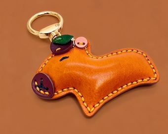 Genuine Leather Capybara Keychain, Cute Orange Capybara Bag Charm, Handmade Leather Car Rearview Mirror Ornament, Gift for Capybara Lovers