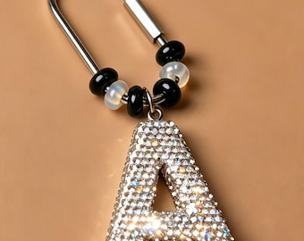 personalized Rhinestone Initial Bag Charm Obsidian Moonstone Keychain