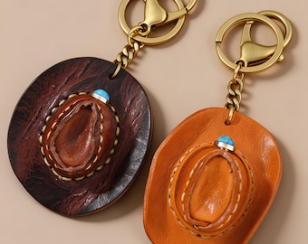 Western Leather Bag Charm Veg Tan Full Grain Cowboy Hat Keyring Unisex Vintage Gift