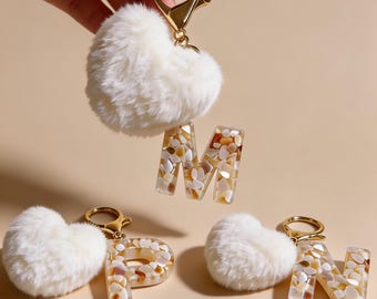 Custom Resin Letter Keychain White Heart Pom Pom Shell Initial Personalized Gift