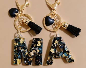 Custom Resin Letter Keychain Black Shell Gold Foil Tassel Heart Personalized Gift